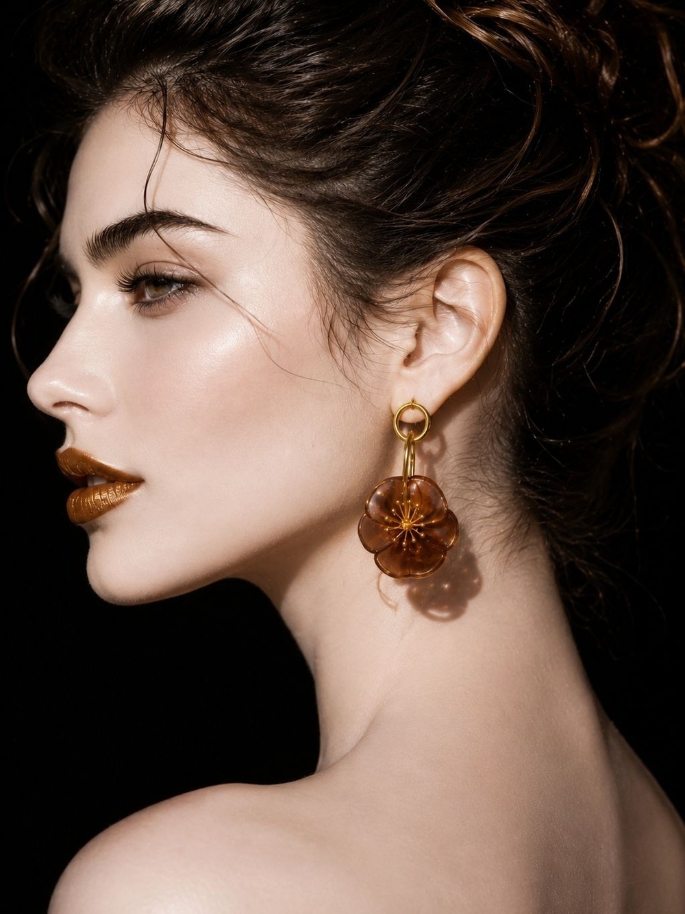 Amber Flower Drop Earrings with Gold Accents